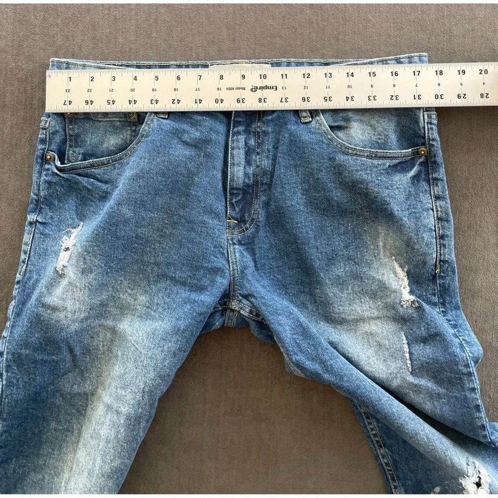 Jeanius Distressed Cropped Jeans Mens 36 Blue Grunge Thrashed Streetwear Raw Hem